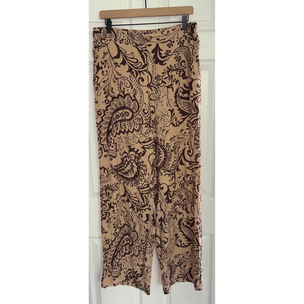 NEW Sanctuary Soft Printed Wide Leg Trousers XL Tan Brown Paisley Linen Blend